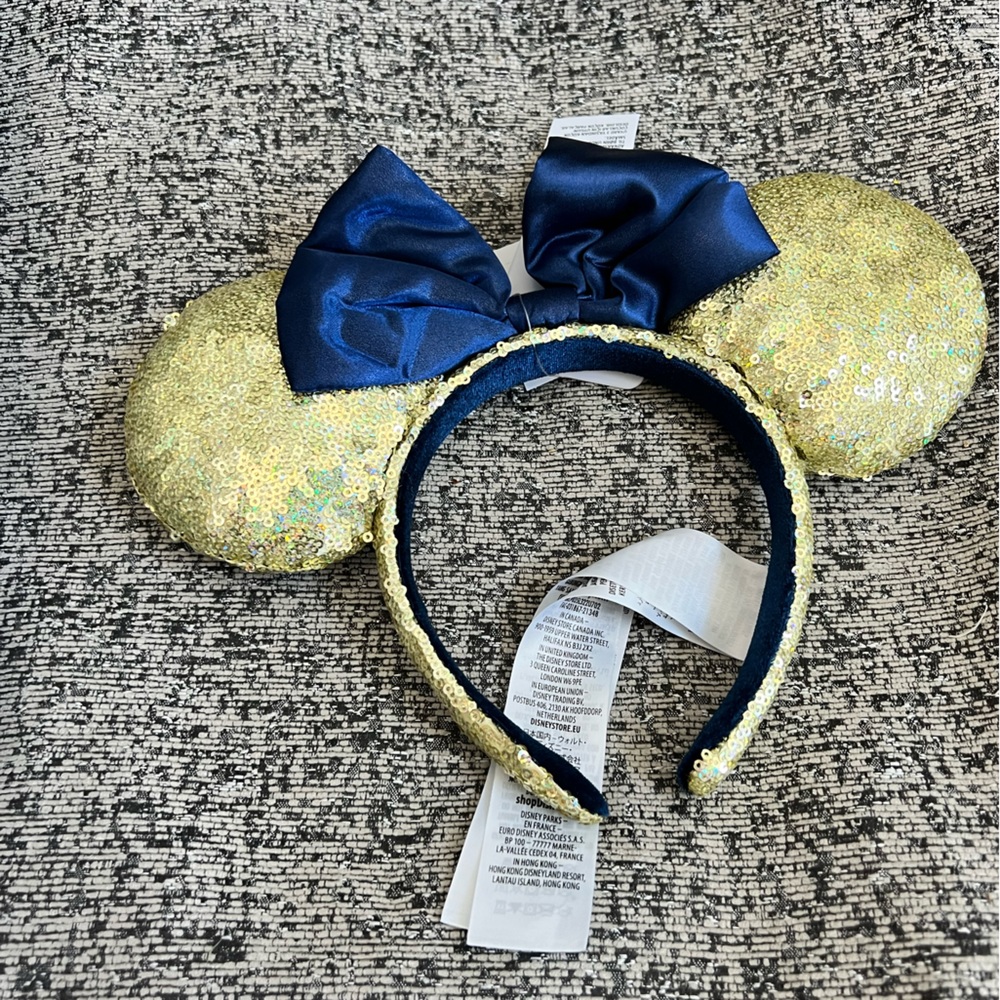 NWT Gold Sequined and Navy Bow Minnie Ears, Disney Parks WDW 50th